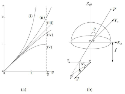 어안렌즈 투영 양상을 그래프로 표현한 모습(좌), 어안렌즈에서의 투영모습(우), 일반 모델의 경우 대상물 P가 p’에 투영되나 어안렌즈의 경우 p에 투영됨(Kannala & S.Brandt)