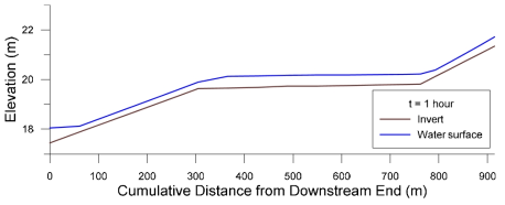 Simulated water surface profile (t = 1 hour)