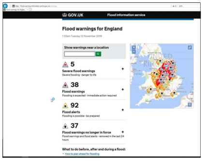 영국의 실시간 홍수 경고 지도(Live Flood Warning map) (출처: https://flood-warning-information.service.gov.uk/warnings)