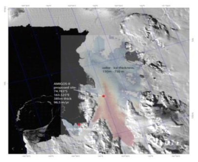 난센 빙붕의 Landsat 8 영상 및 Cryosat-2로부터의 빙붕 두께