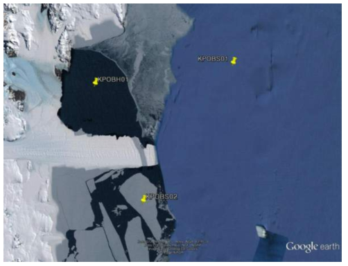 2014/2015 남극하계탐사에서 회수 시도한 해저면 지진계２기 (KPOBS01, KPOBS02: 회수실패)와 해저면 수중음향관측기 1기(KPOBH01) 의 위치