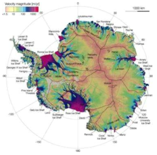 인공위성 원격탐사를 통해 규명된 남극대륙 에서의 빙하 이동속도(Rignot et al., 2011). 연간 1km 이상 빠르게 이동하는 빙하도 관측된다