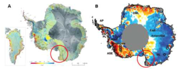 인공위성 고도계 자료에 의한 남극 고도 변화: (A) ICESat 레이저 고도계(2003-2009)에 의해 추정된 남극 고도 변화율(Pritchard et al., 2009), (B) ERS-2 레이더 고도계(1995-2003)에 의해 추정된 남극 고도 변화율(Helsen et al., 2008). 서남극 지역의 얼음두께가 전반적으로 감소하는 양상을 관측할 수 있다. 적색 원은 남극 장보고 과학기지가 위치해 있는 테라노바 만 지역을 표시한다
