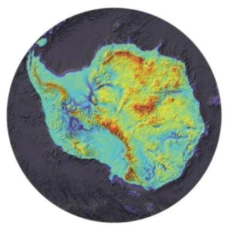남극대륙의 기반암 지형도(Bedmap2; Fretwell et al., 2013). 약 30-130m의 고도 오차를 보여준다. 서남극 대부분의 지역은 해수면보다 낮은 지형을 보여주며, 아문젠해의 경우 수심 약 2,000m 깊이에 해저기반암이 위치한다