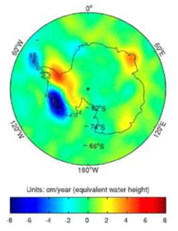 GRACE 인공위성 중력값을 이용하여 계산한 2003-2006년 남극 빙하량 변화 (Chen et al., 2006)