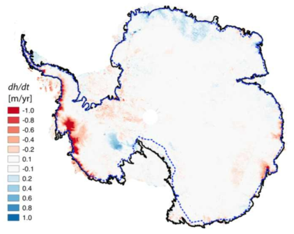인공위성 고도계(Cryosat-2)를 통해 산출된 최근 (2011-2015) 남극 지역 빙상 고도 변화 (Gardner et al., 2018)
