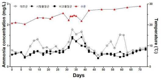 시험물질의 투여가 양식수 암모니아 농도에 미치는 영향