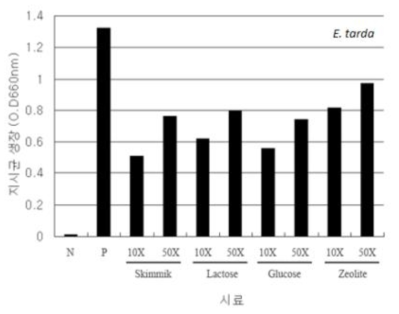 분무 건조 시 부형제별 E. tarda 에 대한 항균활성 N ; Negative control, P ; Positive control