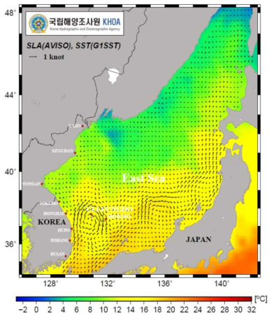 동해안 연평균 해류 흐름과 수온 분포(2015년) 자료출처: www.khoa.go.kr