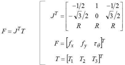 카테시안좌표계의 추력(F)와 추진기추력(T)의 관계