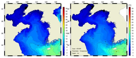 자료동화 전(좌) 과 후(우)의 황해 표층수온 분포도
