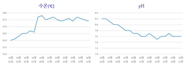 흰다리새우 초기육성 기간 동안의 수온 및 pH 변화 추이