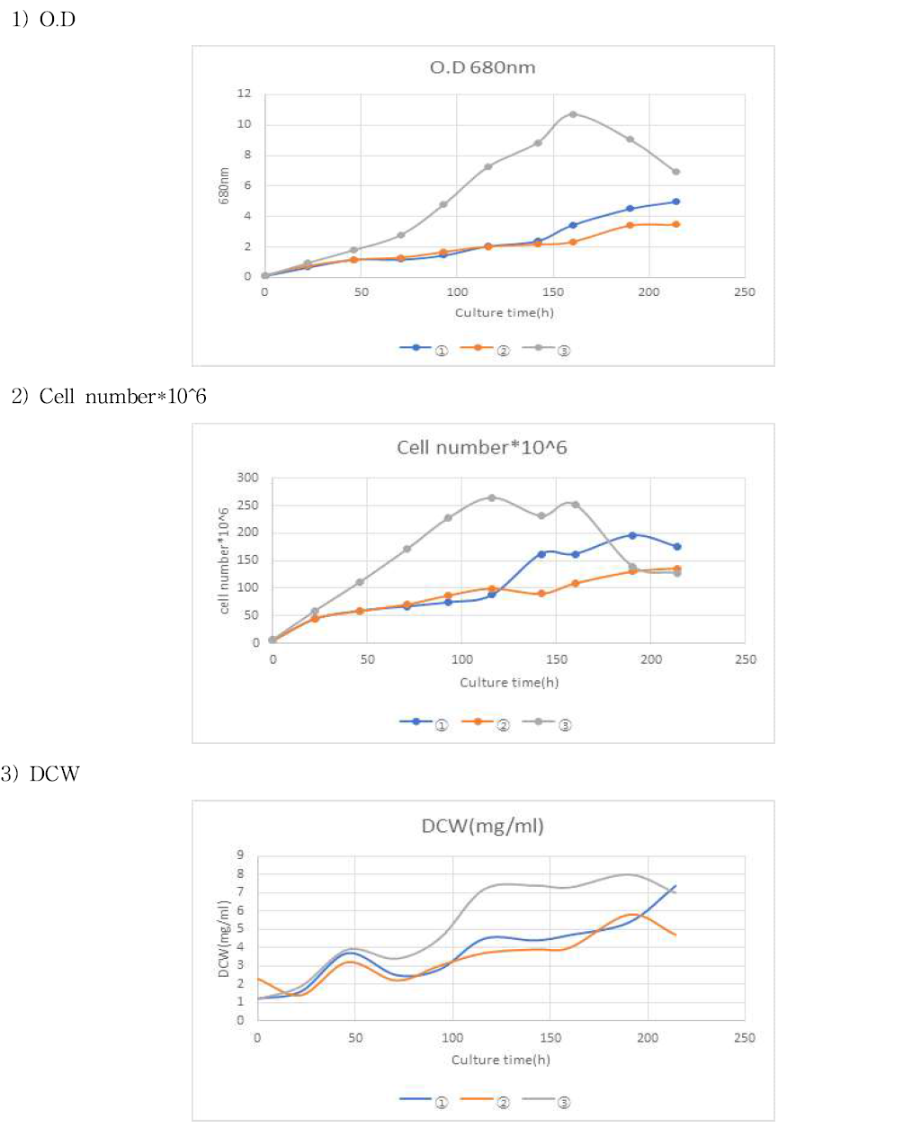 100ml flask test 결과 (OD, Cell number, DCW)