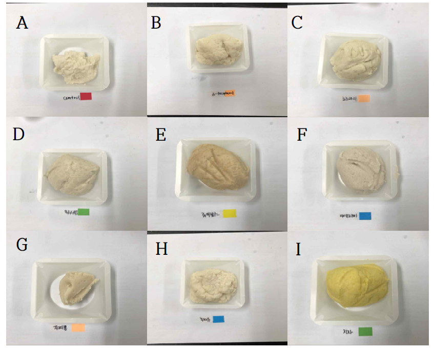 Fish cake dough added with natural antioxidants. A: Control, B: α-Tocopherol, C: Rosemary, D: Corn silk, E: Rooibos, F: Purple sweet potato, G: Native mulberry, H: Green tea, I: Gardenia