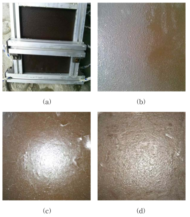 해수 흡착 평가 시 사용된 구조물 및 성능 평가 전후. (a) 결합제-흡착제가 코팅된 코팅체를 지지한 구조물, (b) 해수 흡착 후, (c) 해수 흡착된 코팅체를 산처리 한 후 건조, (d) 산처리가 진행된 코팅체를 습한 조건에서 보관