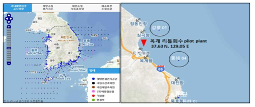 Status of investigation sites of marine environments in Korea (Marine Environment Information System) (right) and marine environmental research sites of Okgye pilot plant sea water (left)