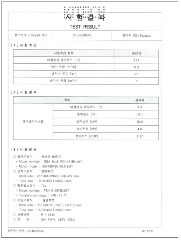 15kW급 해수냉각시스템 성능시험 성적서