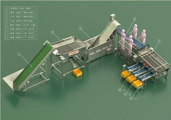 3D model of live shell and size sorting system