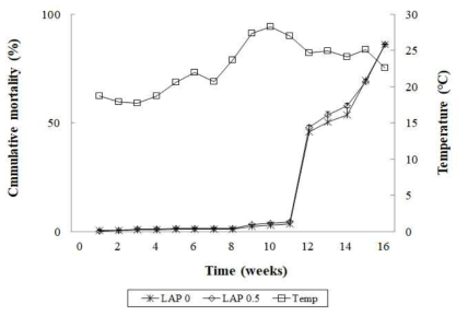 Cumulative mortality of juvenile rockfish fed the experimental diets containing the lugworm antimicrobial peptide for 16 weeks