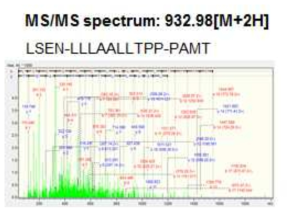 28분 분획의 MS/MS sequencing 결과