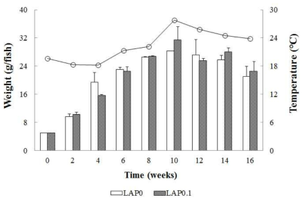 Weight change of olive flounder fed the experimental containing the lugworm antimicrobial peptide for 16 weeks