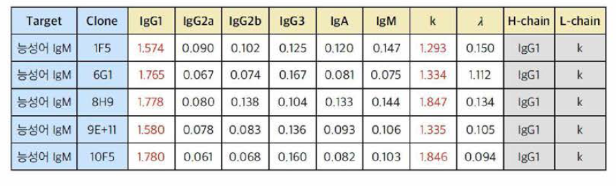 PLGIgM 항원으로 제작된 5개 (1F5, 6G1, 8H9, 9B11, 10F5)의 isotyping