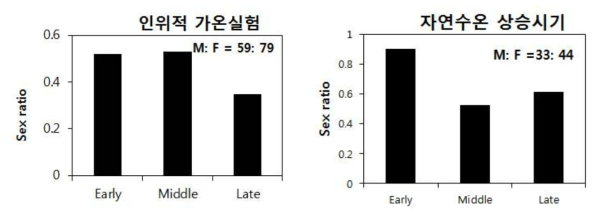 인위적 가온실험과 자연수온 상승기간 동안 초기, 중기 및 후기에 폐사체의 성비 (1에 가까울수록 수컷임)