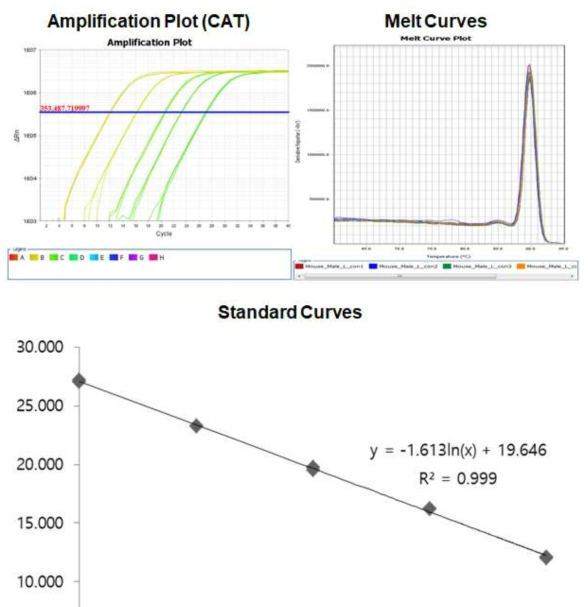 Amplification plot, melt curve and standard curve of mouse catalase gene