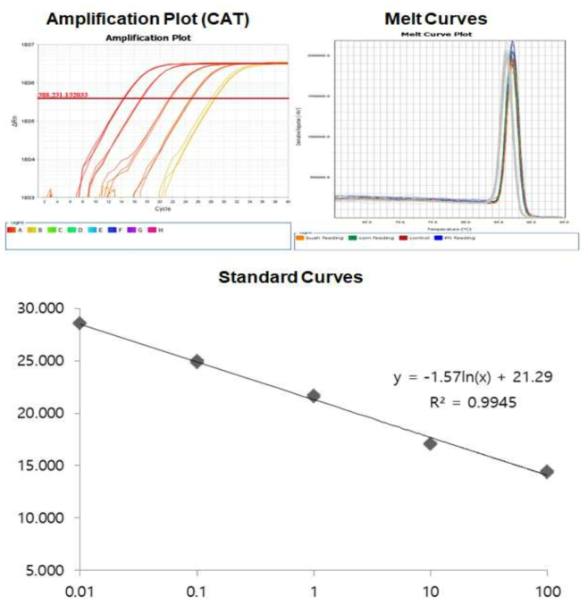 Amplification plot, melt curve and standard curve of catalase gene from Pagrus major