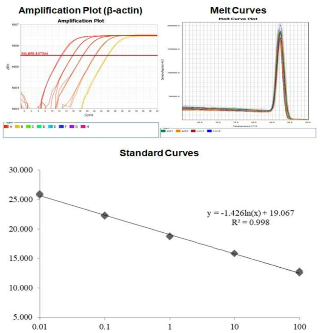 Amplification plot, melt curve and standard curve of β-actin gene (house keeping gene) from Epinephelus akaara