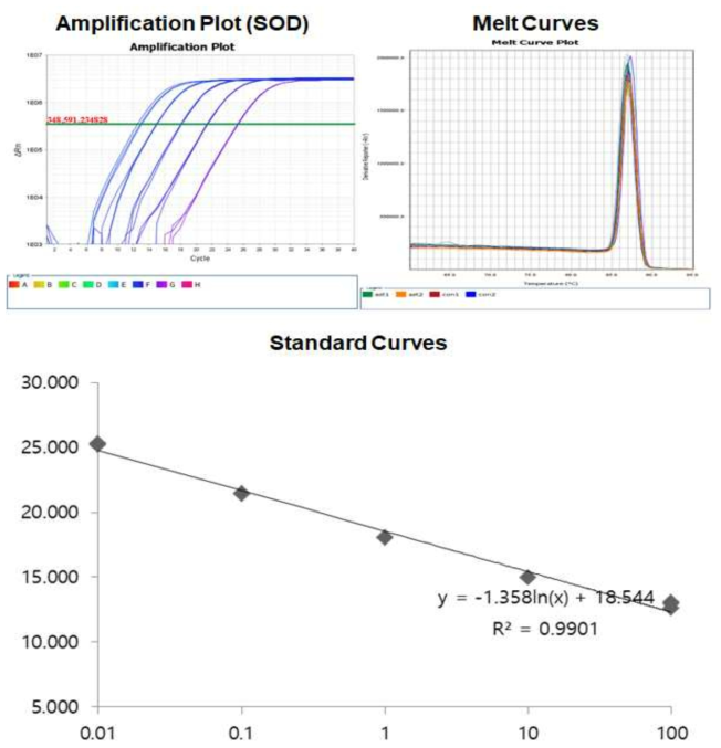 Amplification plot, melt curve and standard curve of SOD gene from Epinephelus akaara