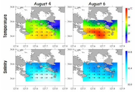 2018년 8월 4일과 6일의 여수(고흥) 해역의 수온과 염분도의 수평분포