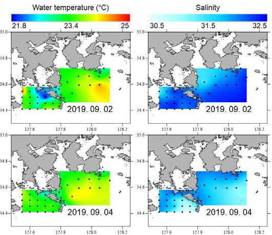 2019년, 남해도 해역 광역조사 표층 수온(왼쪽), 염분(오른쪽)