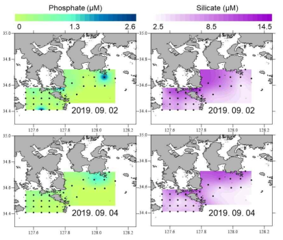 2019년 여수(고흥), 남해도 해역 광역조사 표층수의 인산염 농도(왼쪽)와 규산염 농도(오른쪽)