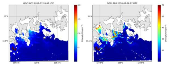 2018년 7월 26일 오후 4시 30분경에 관측된 여수 해역 적조 탐지 영상 (왼쪽: OC3, 오른쪽: RBR)
