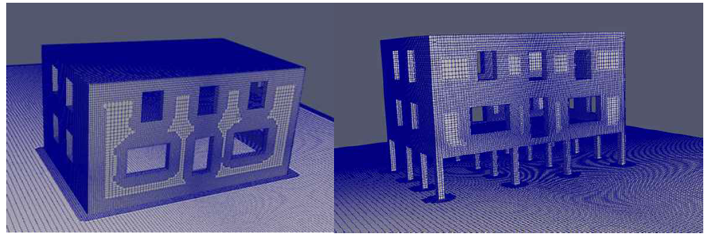 OpenFOAM의 snappyHexMesh로 제작한 각 house의 격자(좌:yellow, 우:orange)