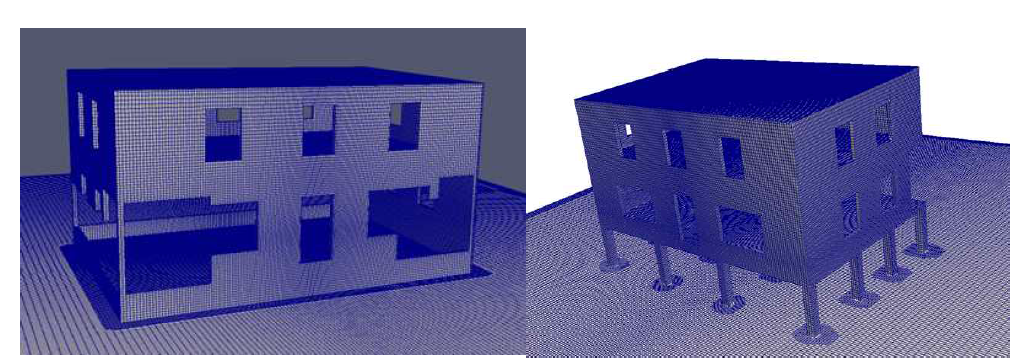 OpenFOAM의 snappyHexMesh로 제작한 각 broken house의 격자(좌:yellow, 우:orange)