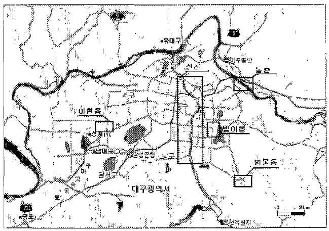 대구 근교 피해 발생 지역, (국립방재연구소, 2003)