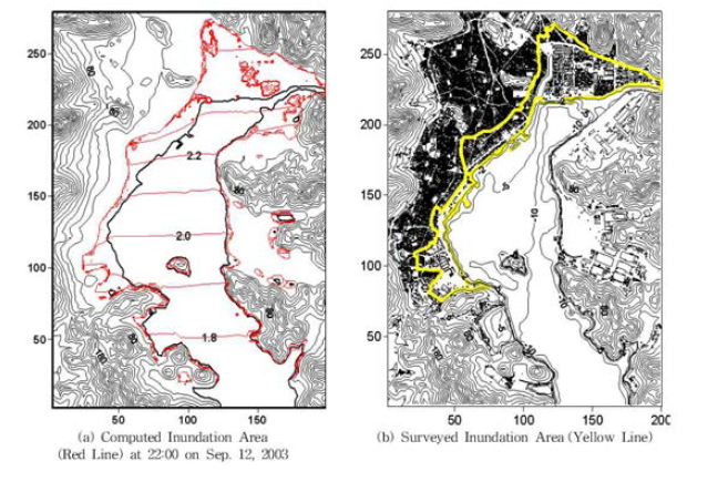 태풍 매미 통과 시 3차원 침수모형으로 계산한 침수지역과 현장조사에 의한 침수지역과의 비교, (김차겸 등, 2010)