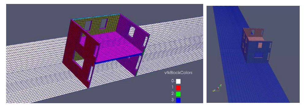 구조물을 포함한 IHFoam의 입력 조건에 대해 설정된 mesh