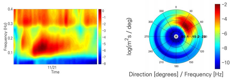 속초 관측점의 파랑 스펙트럼((좌) 2012년 11월 19~22일, (우) 2012년 11월 20일 14시 30분 방향별 파랑 스펙트럼 (단위 : log(m2/s)))