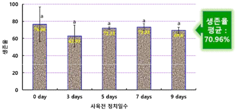 순환사육 전 정치기간별 유충의 2개월 양성 후 생존율