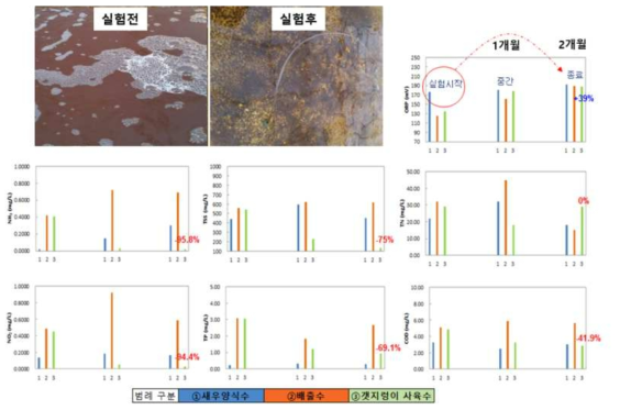 새우 연계양식 수조의 지점별 수질환경 변화 추이(실험시작, 중간, 종료)