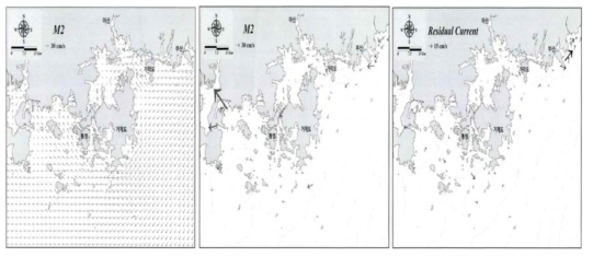 대상해역의 조류발달. 최강 유속분포(좌), 주요 지역 유속분포(중), 잔차류(우)