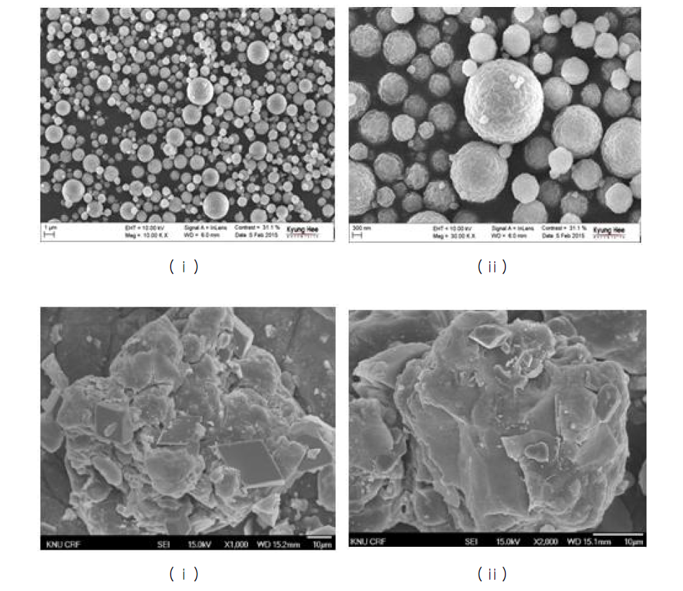 분무 열분해법(Spray pyrolysis)으로 제조된 촉매의 SEM 사진; (a) 10 wt% Ni2P800-SP, (b) 5 wt% Fe2P600-IW