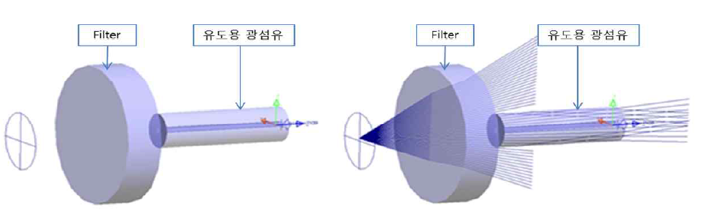 유도부 필터에 따른 광섬유의 광 유도 특성: (좌) 광선 미표시 (우) 광선 표시