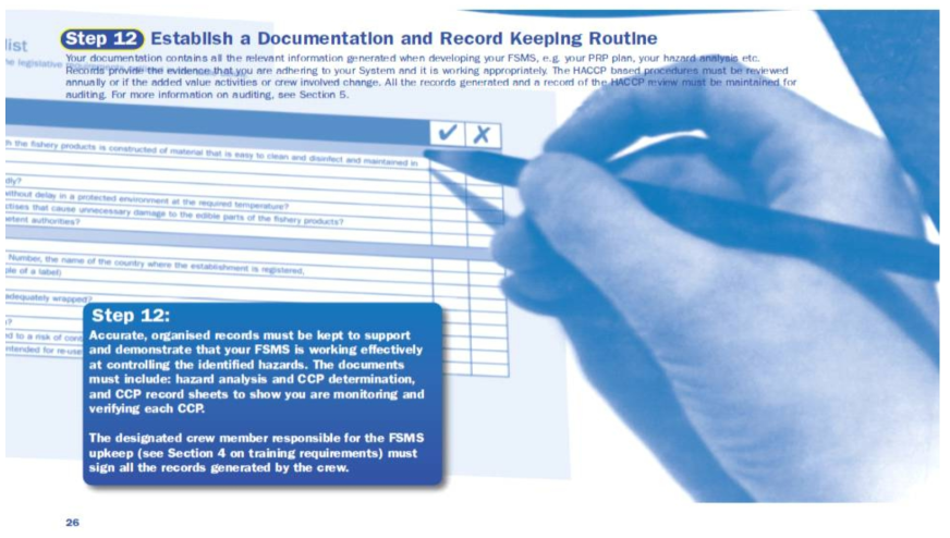 Step 12. 문서 작성 및 기록 유지 출처 : Ireland’s Seafood Development Agency, BIM, User friendly guide to food safety requirements for vessels, 2008