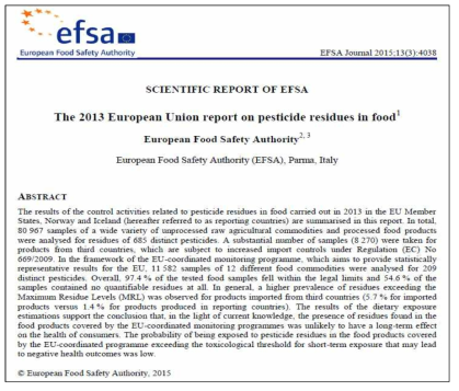 EFSA에서 발표하고 있는 식품 중 농약의 잔류량 관련 보고서