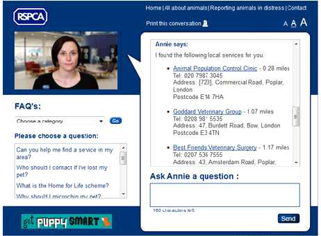 영국 RSCPA의 ‘Ask Annie’ 서비스 스크린샷 출처: Chatbots 홈페이지