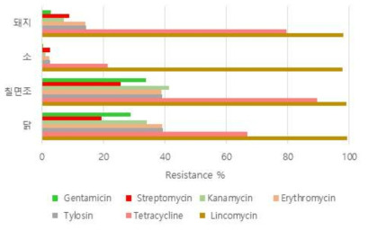 Enterococcus의 항생제별 내성 비율